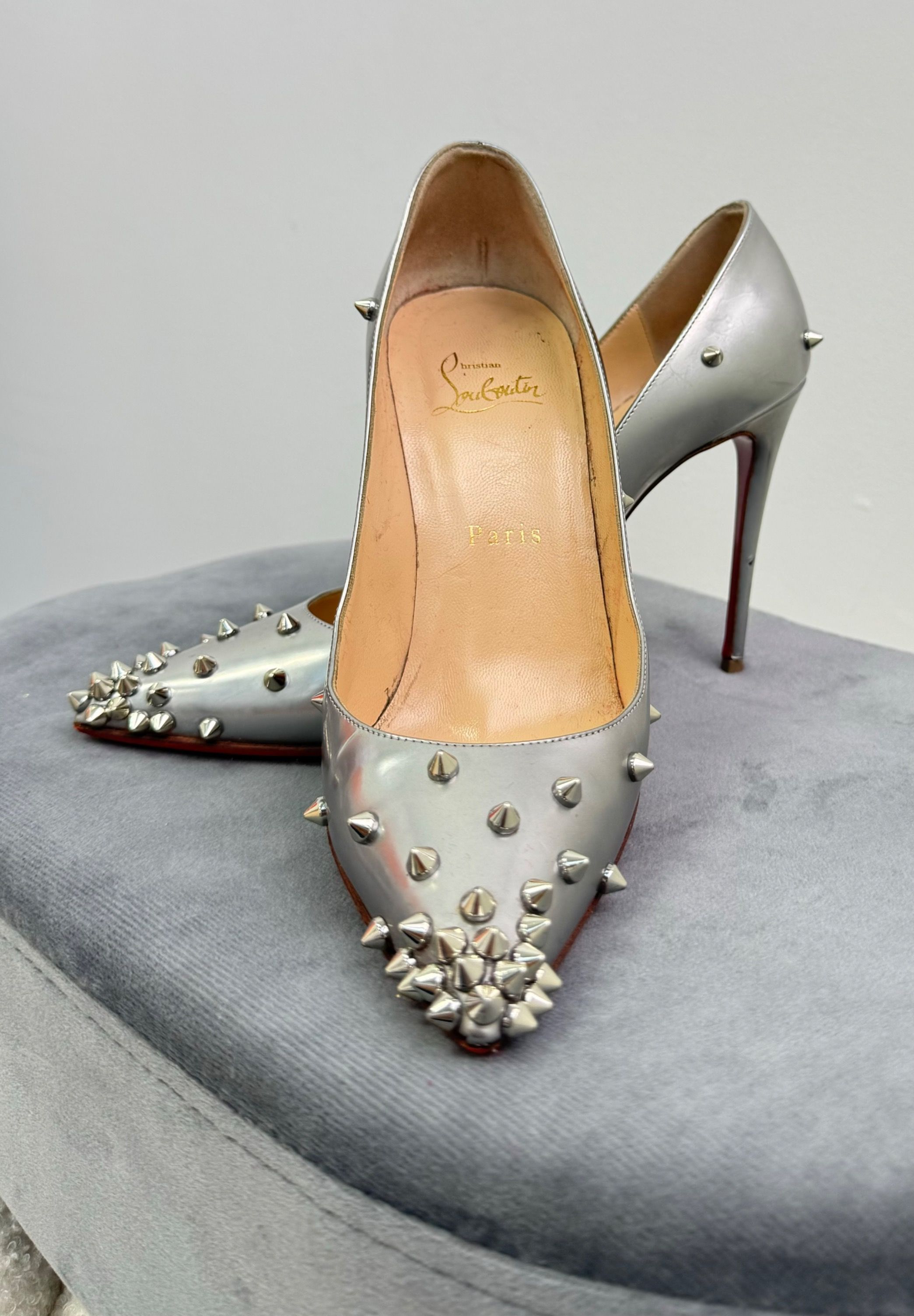 Christian Louboutin Metallic Silver Leather Degraspike Pointed Heels
