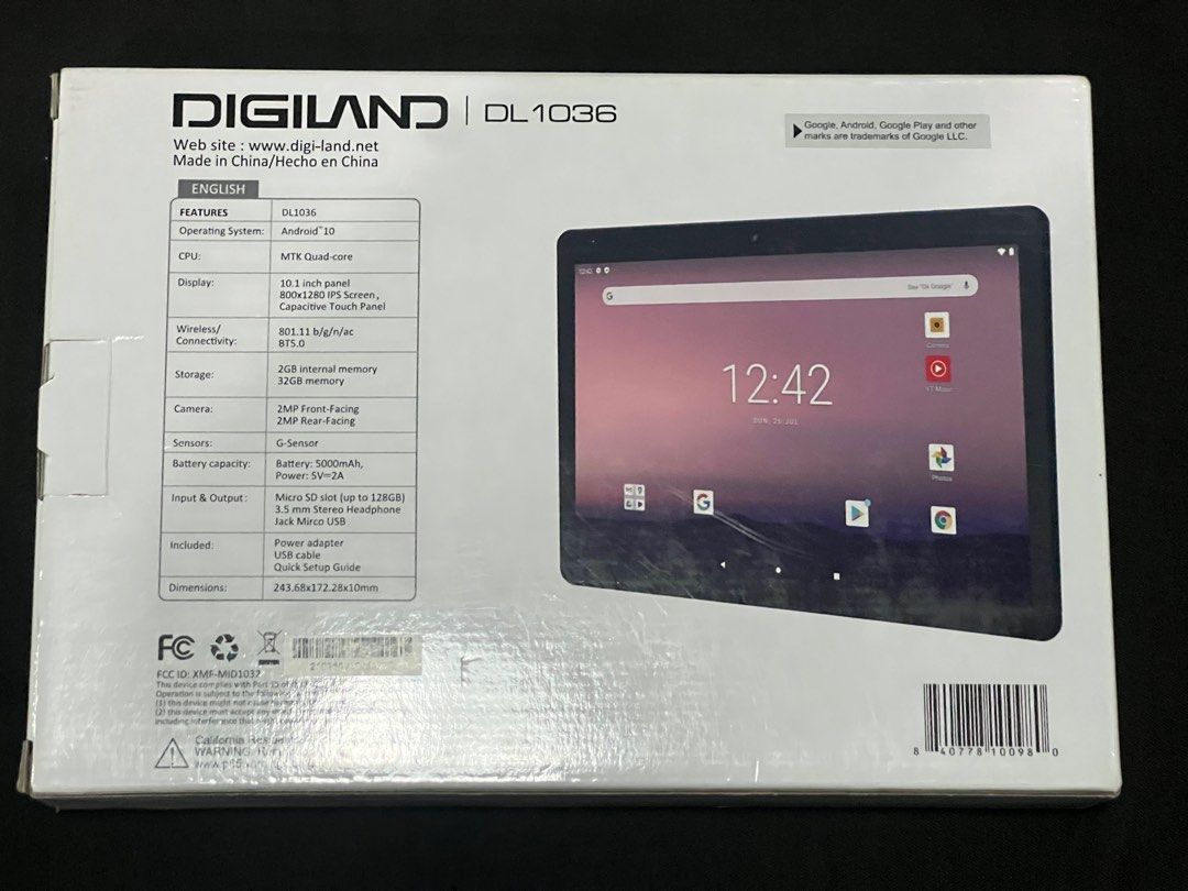 Digiland Android Tablet 10.1 inch display (Category: Android) located in Quezon City. Submitted by jdaf28 (Listing ID 1278044170, Image 3). Description: For sale brand new Android Tablet Rfs: extra ng mga bata and then never mabuksan at nagamit Bought last year galing US Specs: -Android 10.0 operatinf system - 10.1 inch screen 1280 x 800 resolution - 2GB internal storage but can put up to 32GB micro SD card - Quad core processor - Dual Camera in 