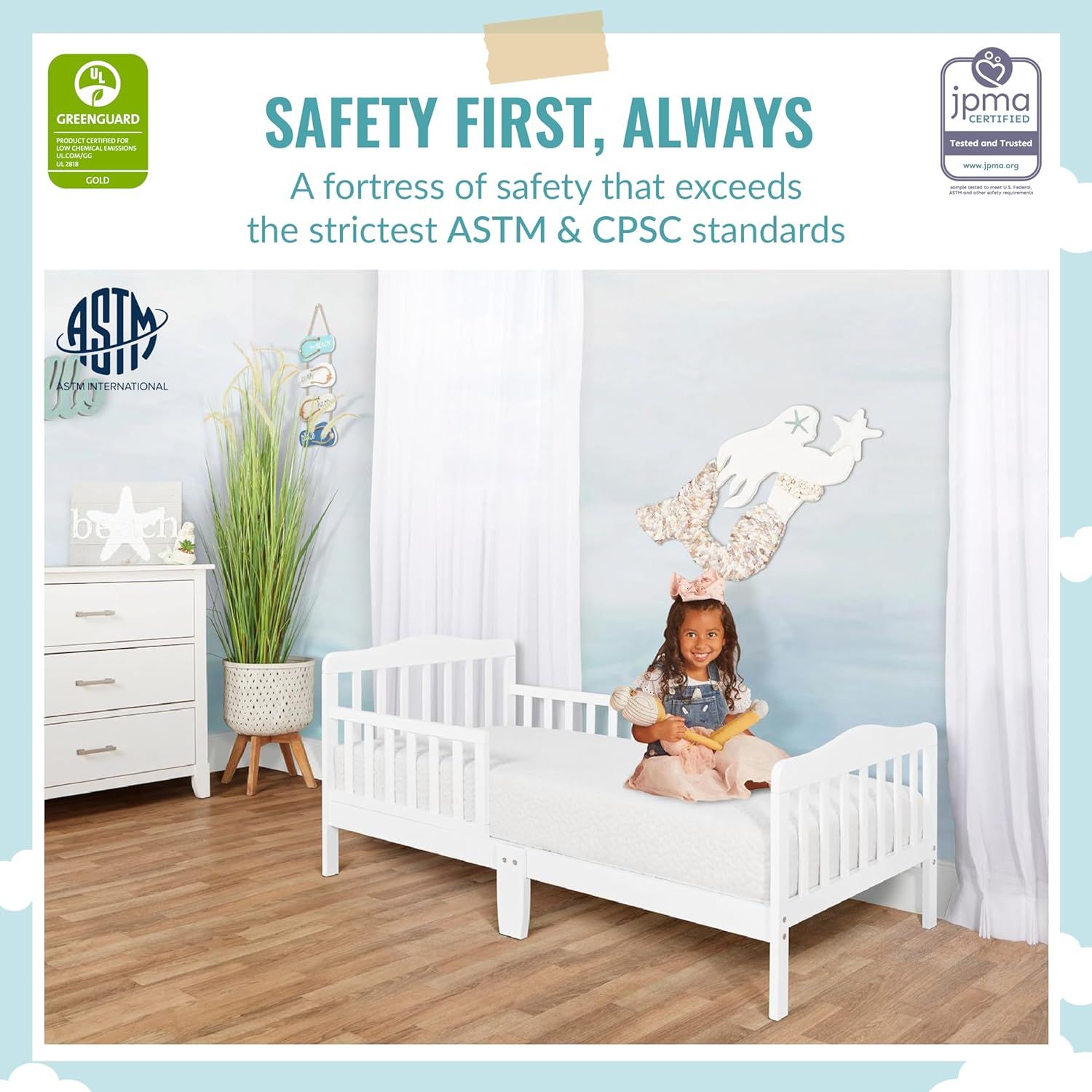 Dream On Me Classic Design Toddler Bed in White Greenguard Gold