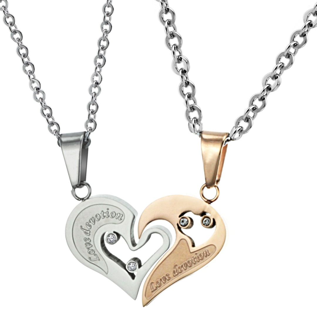 Engrave Couple 2 Necklace Set Stainless Steel Matching One Heart