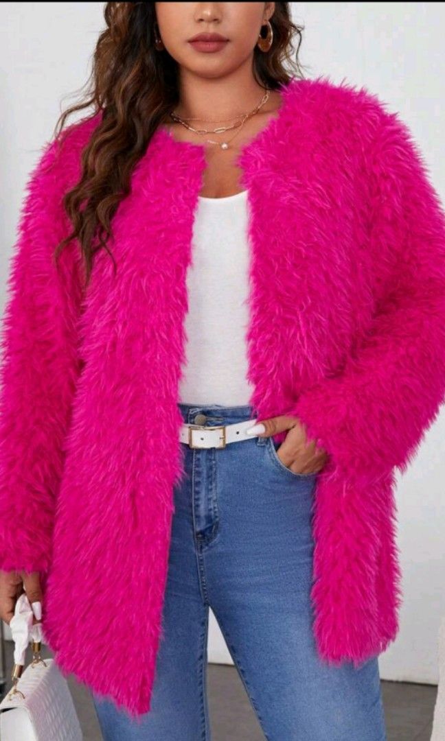 Hot Pink Open Front Fuzzy Fur Coat, Women's Fashion, Coats, Jackets and ...
