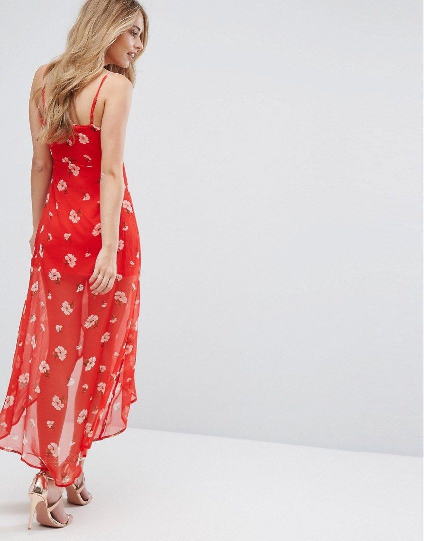Misguided Red Floral Print Strappy Ruffles Wrap Maxi Dress