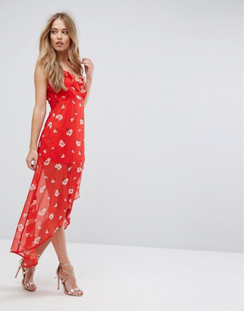 Asos design wrap maxi dress with frills in red floral print 2025