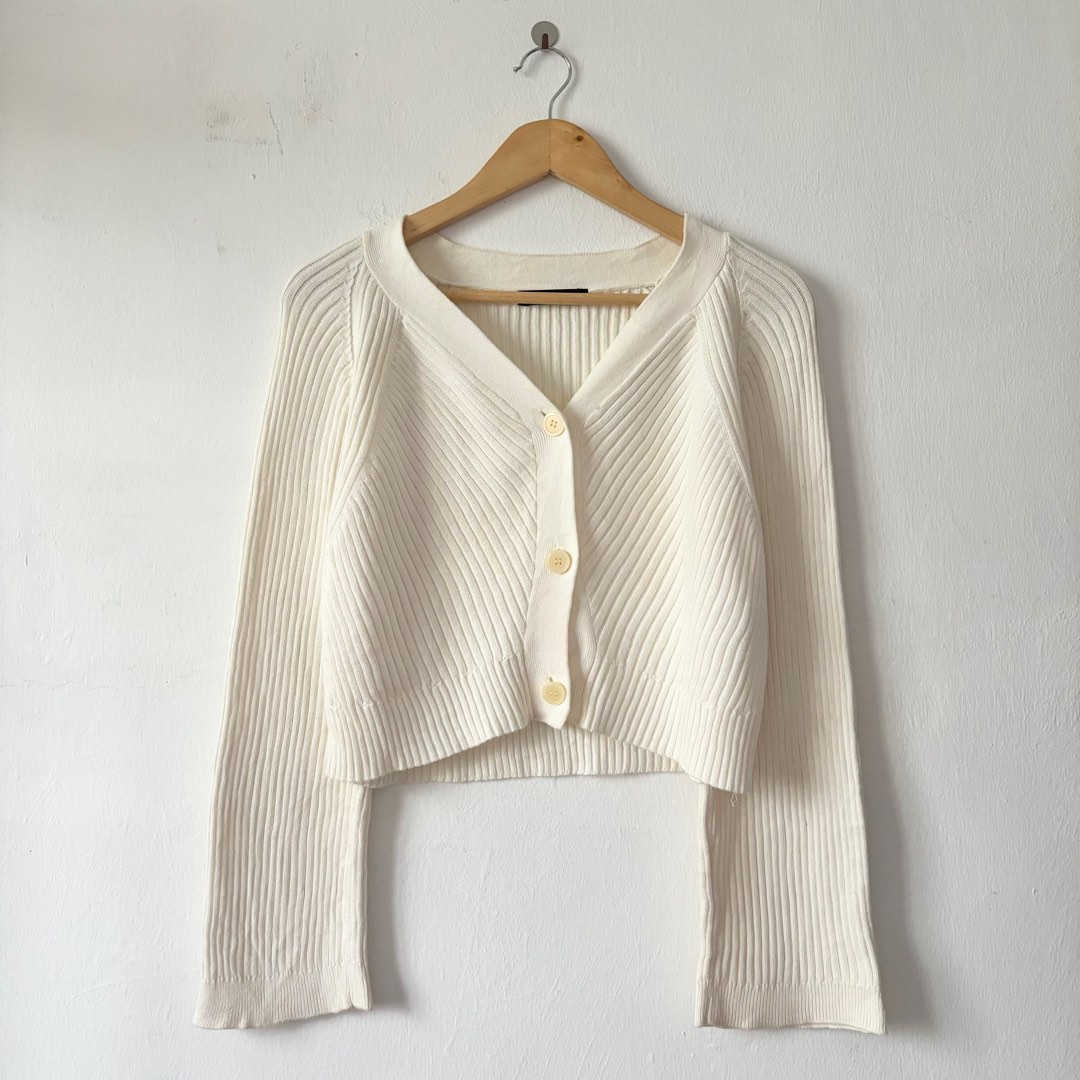 Off White Sweater - Cropped Cardigan Sweater - Button-Up Cardigan