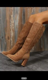Over The Knee Stretchy Boots In Apricot Color Chunky Heel