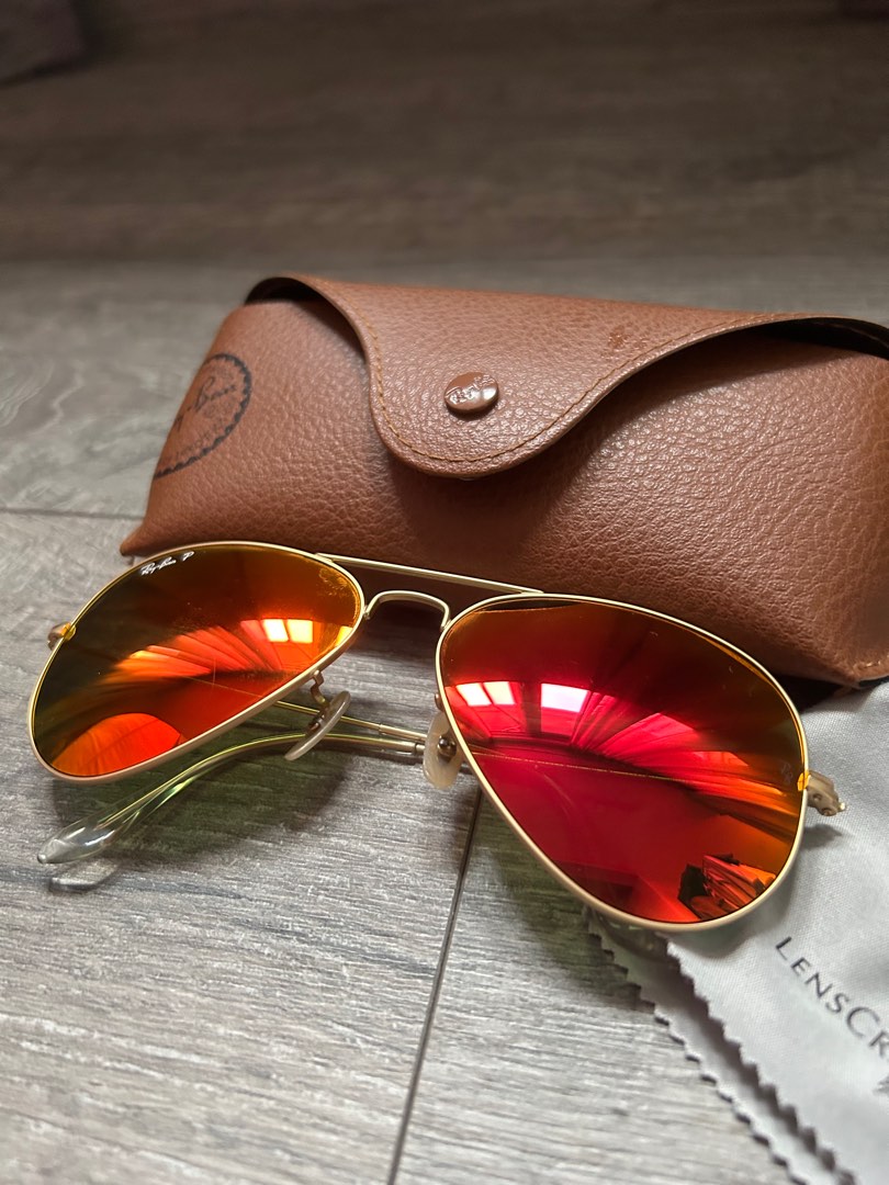 Ray Ban large metal aviators with red orange tint Women s Fashion