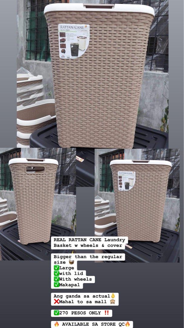 REAL RATTAN CANE Laundry Basket w wheels & cover, Furniture & Home Living, Home Improvement