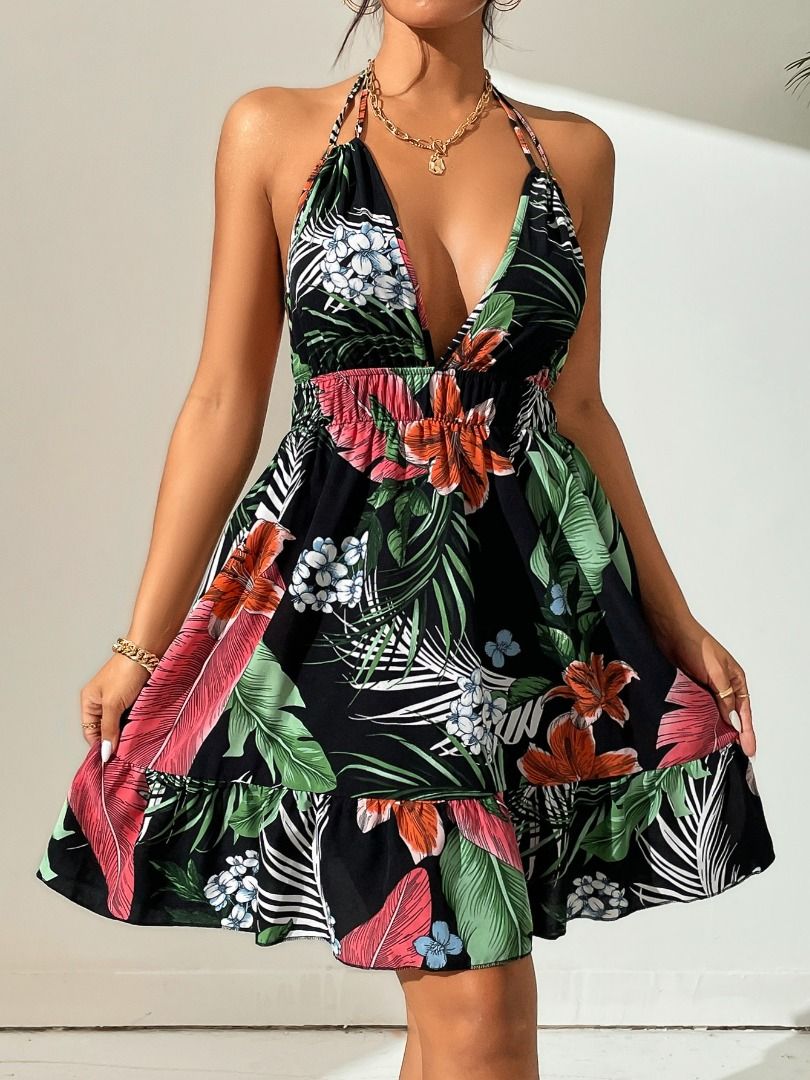 SHEIN VCAY Tropical Print Halter Neck Backless Knot Ruffle Hem Dress, SHEIN  USA