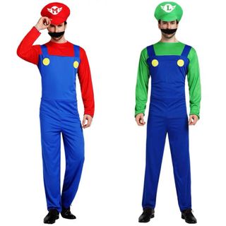 Adult Kids Super Mario Bros Costumes Mario Luigi Bros Cosplay Jumpsuit  Christmas Halloween Party Uniform Sets Cartoon Character  Role-Playing【Clothes+Top+Hat+Beard】