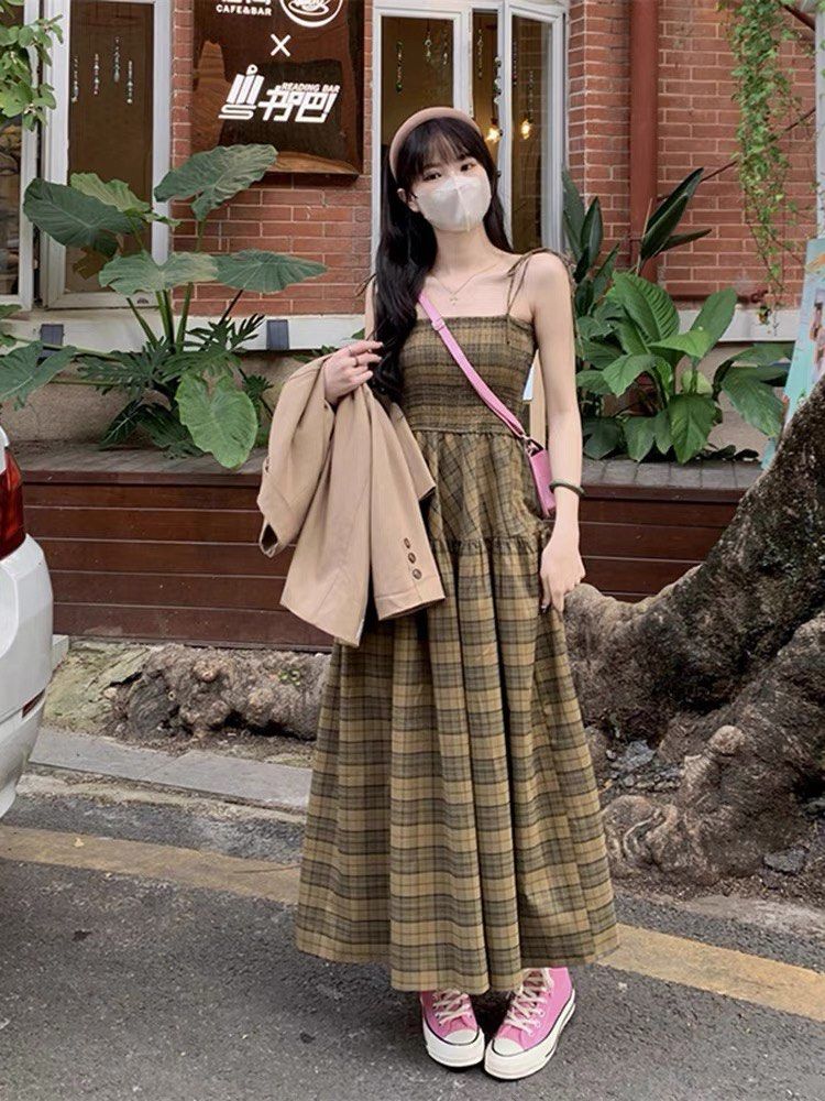 Ulzzang Korean Checkered yellow long dress