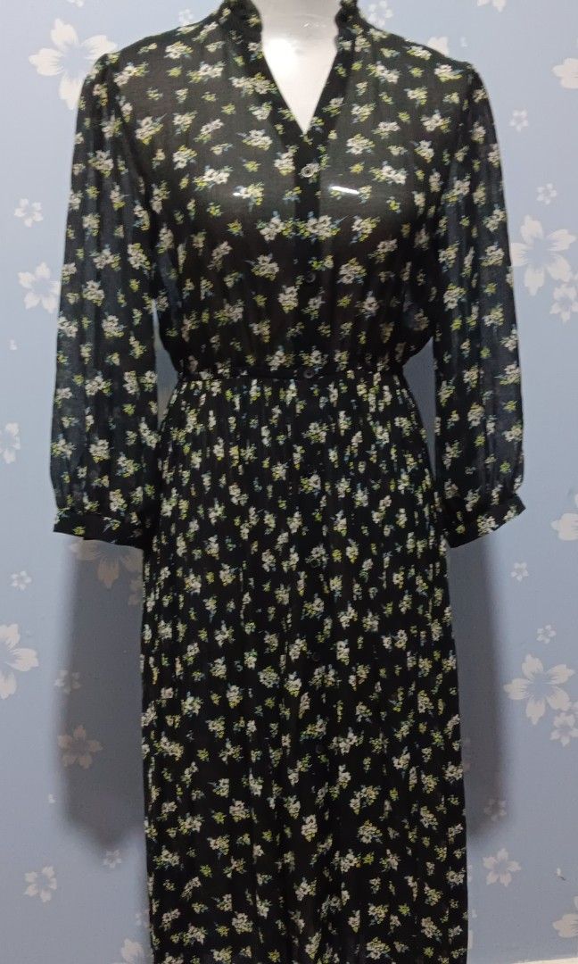 uniqlo joy of print chiffon dress Women's Chiffon Pleated 3/4-Sleeve Dress