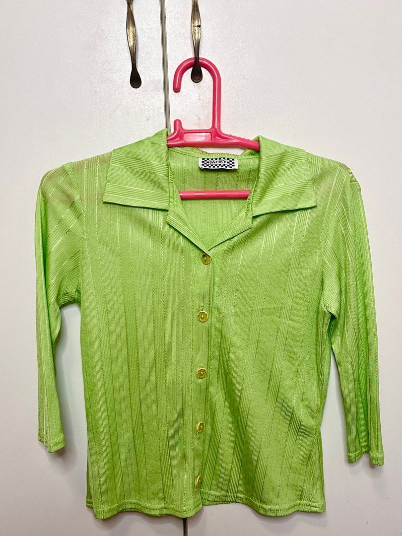 Vintage Green Satin Button down, Women's Fashion, Tops, Longsleeves on Carousell