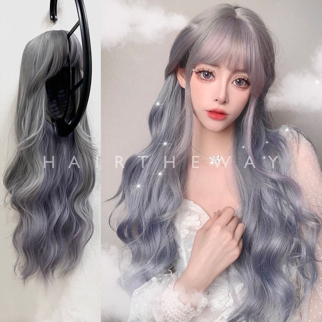 YUMI Purple Grey Hair Wig Cosplay Daily Wear Loose Perm Bangs