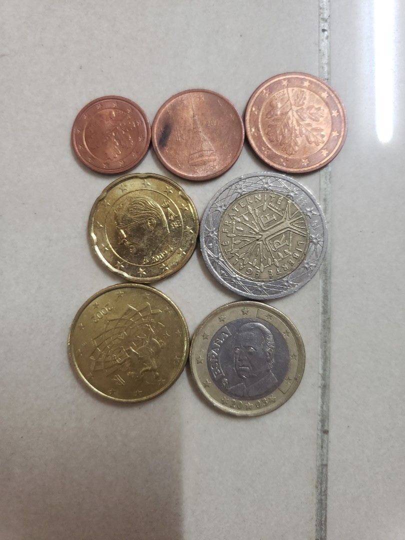 歐元硬幣.1cent.1個.2cent.2個.5cent.1個.10cent.1個.50cent.4個.20cent.15個.1.euro.8個 .2euro.8個.總數29至30元左右, 興趣及遊戲, 收藏品及紀念品, 錢幣- Carousell