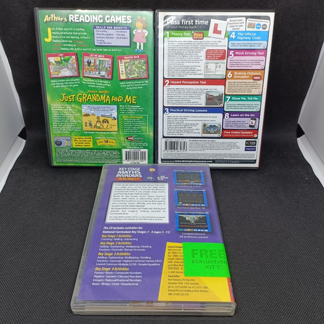 Assorted DVD Educational PC CD in Near Mint Condition from UK (Category: Children's Books) located in Calamba. Submitted by chebvintagedepot (Listing ID 1328503405, Image 2). Description: B115 Assorted DVD Educational PC CD in Near Mint Condition from UK for 90 each DVD Video Collectibles 1. Arthur's Reading Games & Just Grandma And Me 2. Driving Test Success All Tests New Edition 3. Key Stage Maths Invaders for Key Stages 1 - 4 Case is in good c