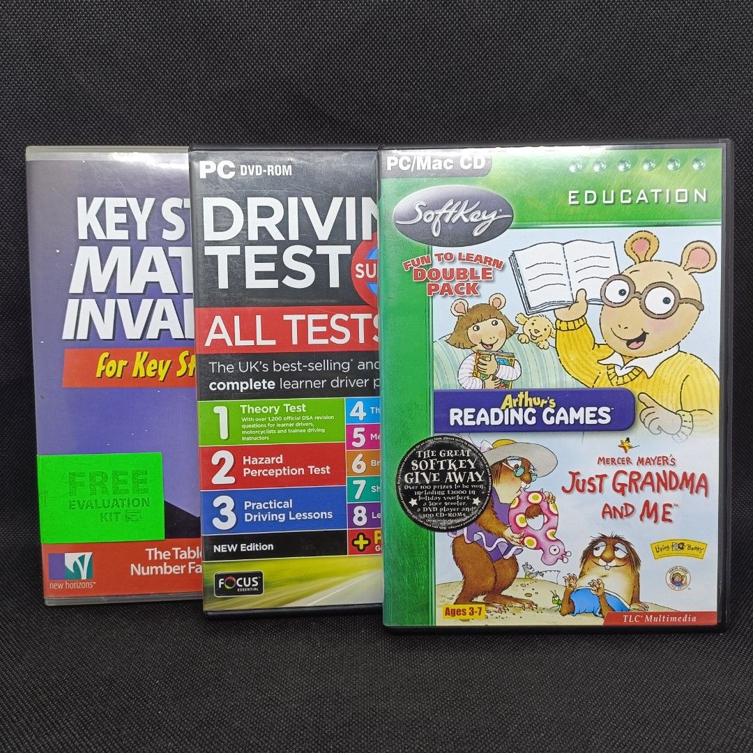 Assorted DVD Educational PC CD in Near Mint Condition from UK (Category: Children's Books) located in Calamba. Submitted by chebvintagedepot (Listing ID 1328503405, Image 3). Description: B115 Assorted DVD Educational PC CD in Near Mint Condition from UK for 90 each DVD Video Collectibles 1. Arthur's Reading Games & Just Grandma And Me 2. Driving Test Success All Tests New Edition 3. Key Stage Maths Invaders for Key Stages 1 - 4 Case is in good c