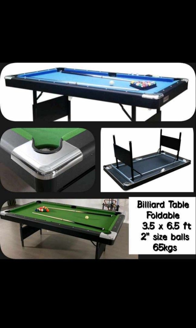 Billiard Table Foldable (Category: Billiards and Bowling) located in Manila. Submitted by my_haru (Listing ID 1328430013, Image 2). Description: Available BILLIARD TABLE FOLDABLE - Junior Size: 3.5 feet x 6.5' feet - Ball Size: 2 inches - 65 kgs Inclusions: - 2 pcs Taco - 1 Brush - Triangle (plastic) - Tisa (Chalk) Mode of payment - Gcash or Online Banking - Lalamove delivery Pm for inquiries..