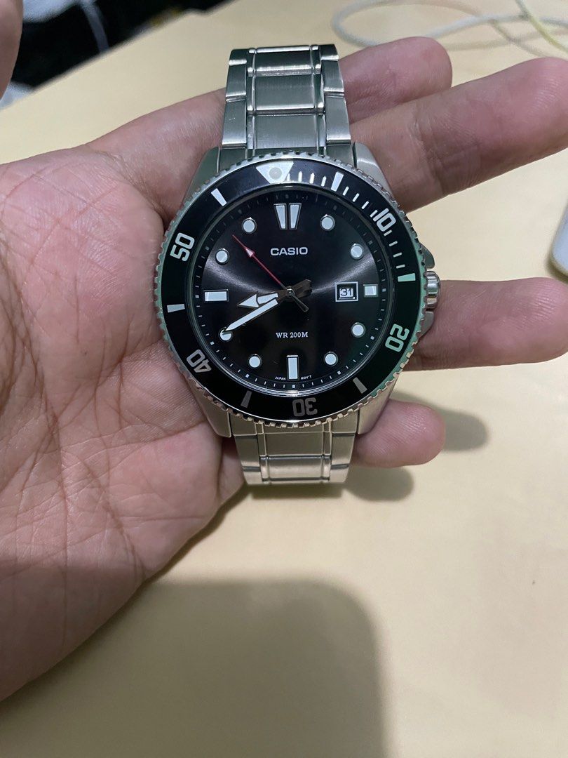 CASIO DURO MDV 107 WATCH STAINLESS STEEL (Category: Men's Watches) located in Quezon City. Submitted by jakescollection (Listing ID 1328544763, Image 2). Description: with box and manual Case size (L× W× H): 49.5 × 44.2 × 12.1 mm Case and bezel material: Stainless steel / Aluminum Band Stainless Steel Band One-touch 3-fold Clasp Water resistance 200-meter water resistance Please note the strap was shortened, but you can have this replaced..