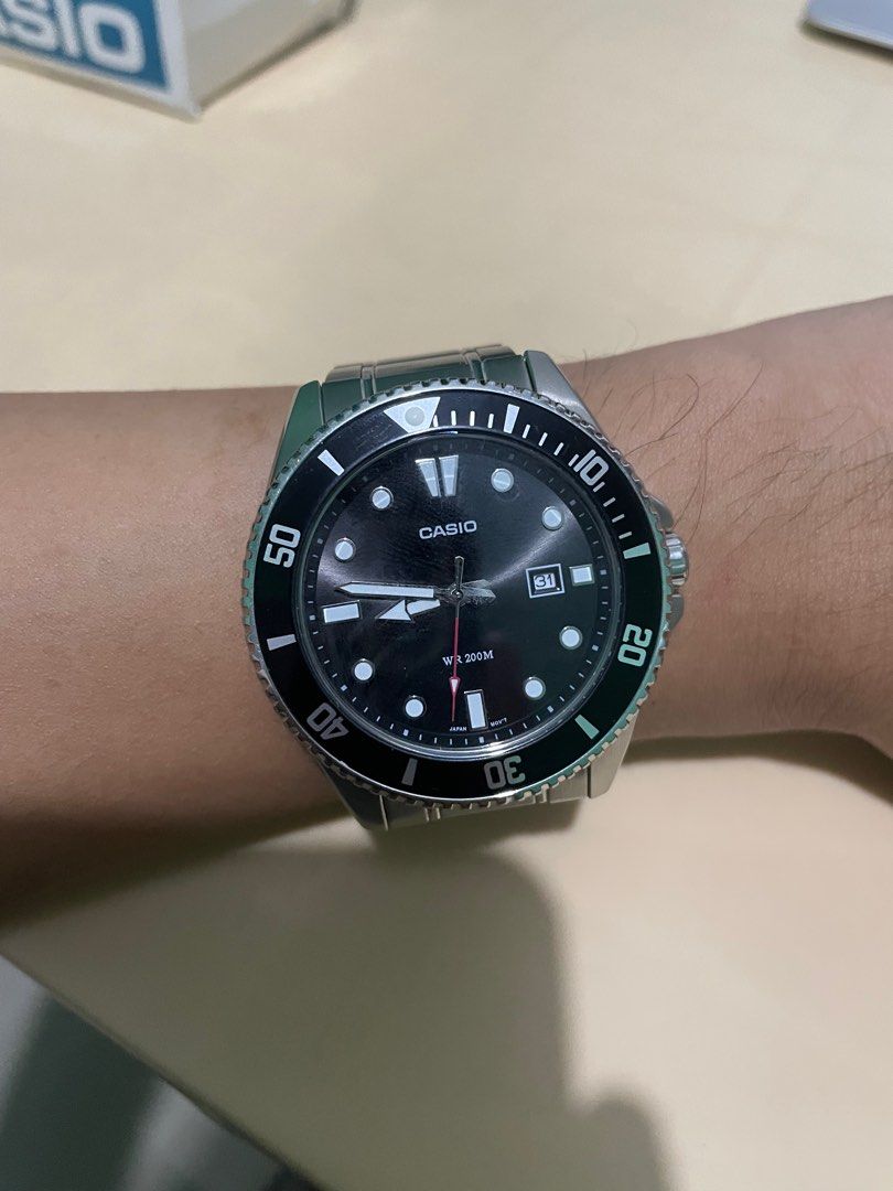 CASIO DURO MDV 107 WATCH STAINLESS STEEL (Category: Men's Watches) located in Quezon City. Submitted by jakescollection (Listing ID 1328544763, Image 3). Description: with box and manual Case size (L× W× H): 49.5 × 44.2 × 12.1 mm Case and bezel material: Stainless steel / Aluminum Band Stainless Steel Band One-touch 3-fold Clasp Water resistance 200-meter water resistance Please note the strap was shortened, but you can have this replaced..