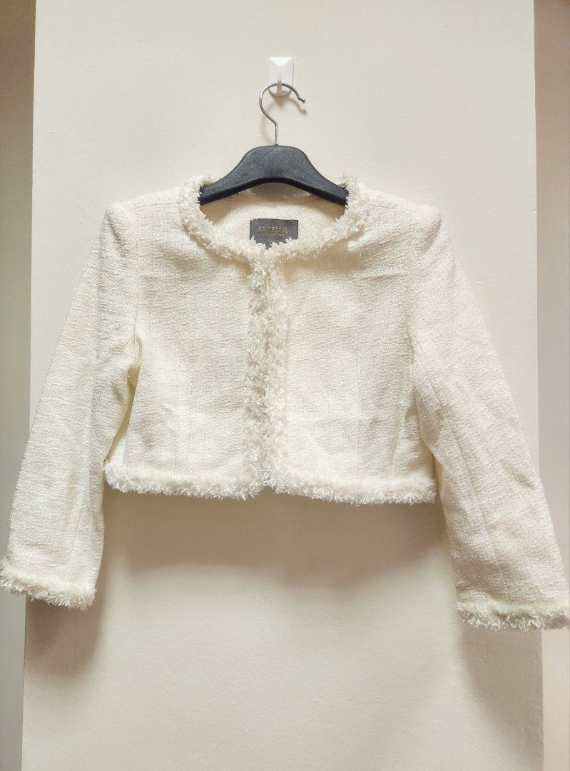 Chanel Style Tweed Blazer Jacket in Cream White, Women's Fashion