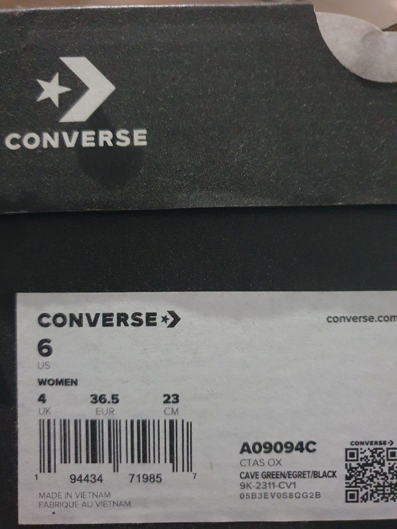 Converse Chuck Taylor All Stars Low Cut (Category: Sneakers) located in Jasaan. Submitted by gana_iru (Listing ID 1328492937, Image 2). Description: Size: W6 US/ 4 UK / 36.5 EUR / 23 CM Color: Cave Green Used only once. Comes with paperbag and shoebox. Original price is on the receipt. Bought for 3990, selling for 2900 (slightly negotiable).
