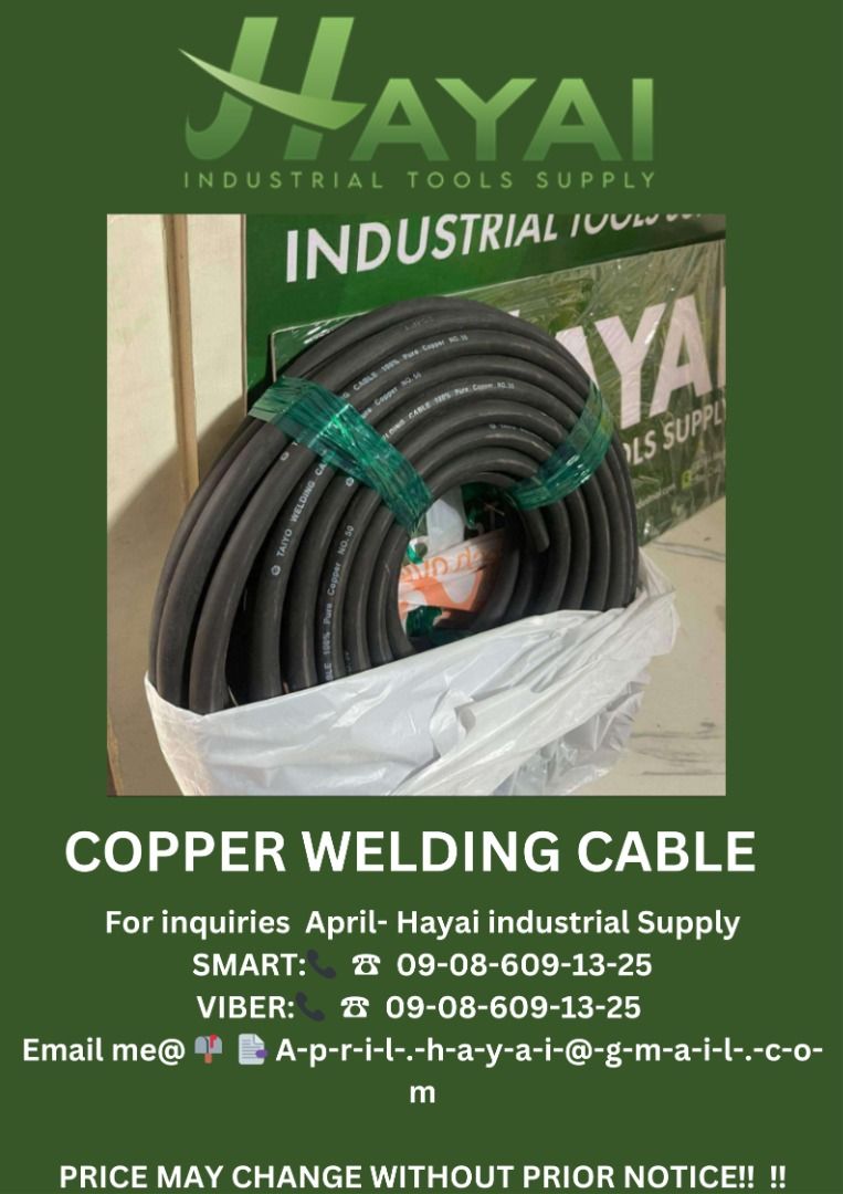 Copper welding cable (Category: Construction Tools & Equipment) located in Caloocan City. Submitted by aprilv96843328 (Listing ID 1328492090, Image 1). Description: Copper welding cable Specs: 35mm2 x 100m PRICE: 40,900 For inquiries April- Hayai industrial Supply 📞 ☎ 0-9-0-8-6-0-9-1-3-2-5 Email me@ 📫 📑 A-p-r-i-l-.-h-a-y-a-i-@-g-m-a-i-l-.-c-o-m PRICE MAY CHANGE WITHOUT PRIOR NOTICE!!! .