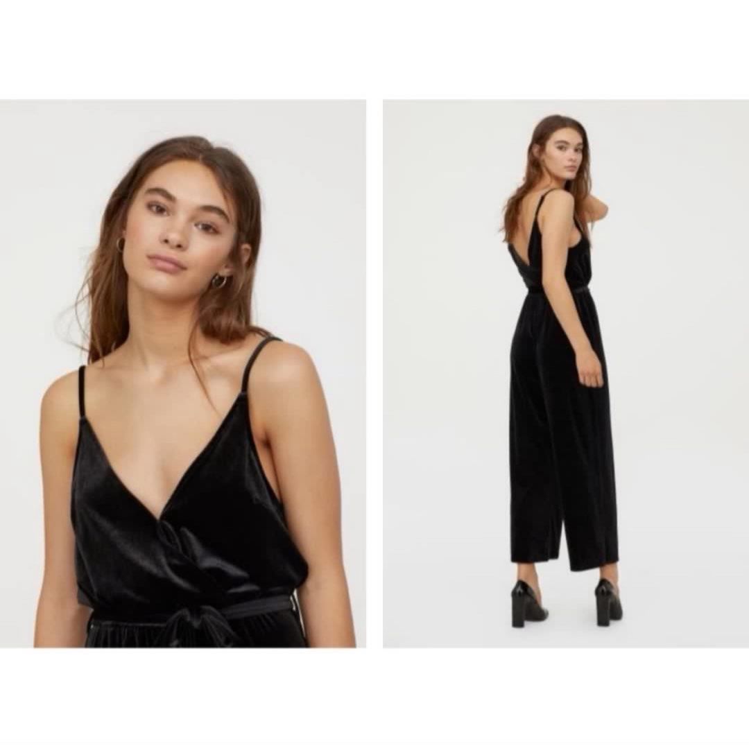 H M Velour Velvet Jumpsuit in Black Women s Fashion Dresses Sets Jumpsuits on Carousell
