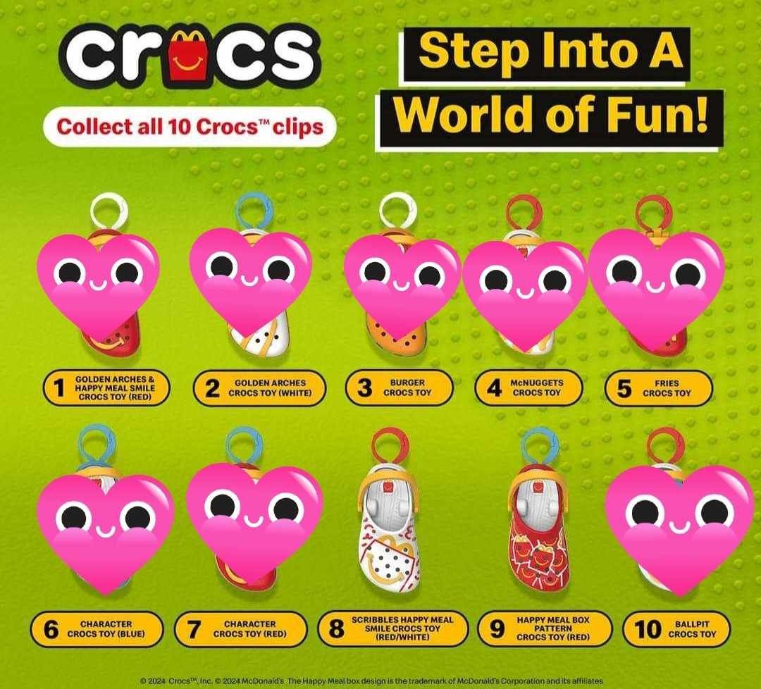 Mc Donalds collab Crocs Happy Meal (Category: Character Goods) located in Pasig City. Submitted by loveMYshop2022 (Listing ID 1328335467, Image 2). Description: Mc Donalds collab Crocs Happy Meal 2. Golden Arches Crocs Toy (White) 3. Burger Crocs Toy .