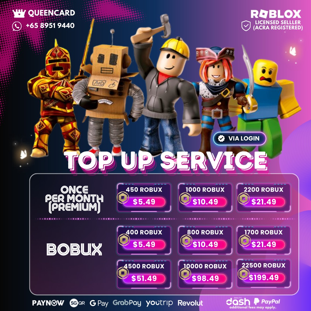 Roblox Top Up Service CHEAPEST OFFICIAL ROBUX RBX BOBUX ALL REGIONS QueenCard LOGIN REQUIRED Video Gaming Gaming Accessories In Game Products on Carousell