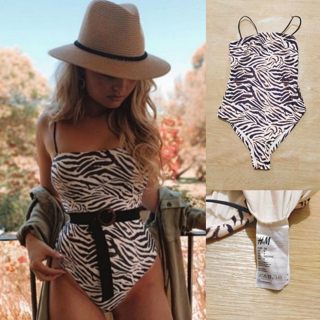 (S) H&M Animal Print One Piece Swimsuit / Swimwear (Category: Bikinis & Swimsuits) located in Cainta. Submitted by sunnyfloshop (Listing ID 1328437586, Image 1). Description: No flaw ✨ 🍃US4 on tag (Small) 🍃Square neck 🍃Adjustable straps 🍃Animal print 🍃Lined 🍃Can be worn as bodysuit.