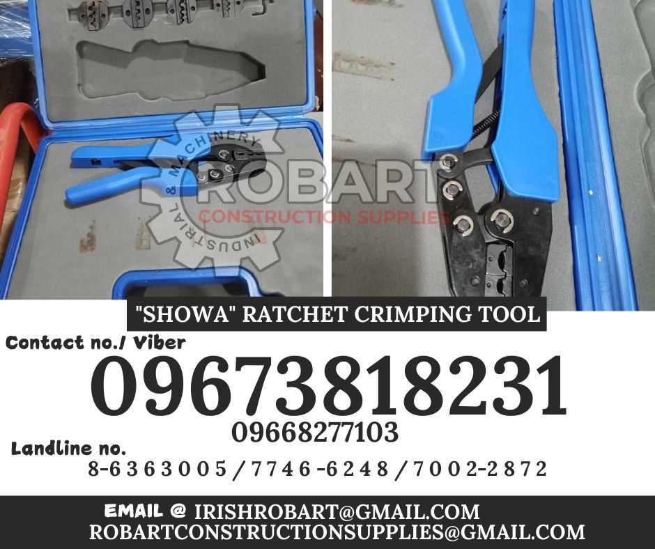 "Showa" Ratchet Crimping Tool (Category: Construction Tools & Equipment) located in Manila. Submitted by irishrobart_22 (Listing ID 1328512849, Image 1). Description: "Showa" Ratchet Crimping Tool TO3C-5D SEND US MESSAGE FOR INQUIRIES ‼️‼️ LOOK FOR IRISH ROBART VBR : 0 9 6 7 3 8 1 8 2 3 1/ 0 9 6 7 3 8 1 8 2 3 4 LANDLINE 8-6 3 6 3 0 0 5 / 7 7 4 6 -6 2 4 / 7 0 0 2-2 8 7 2 GMAIL: I R I S H R O B A R T @ G M A I L . C O M Office Address: 1405 Yuseco 