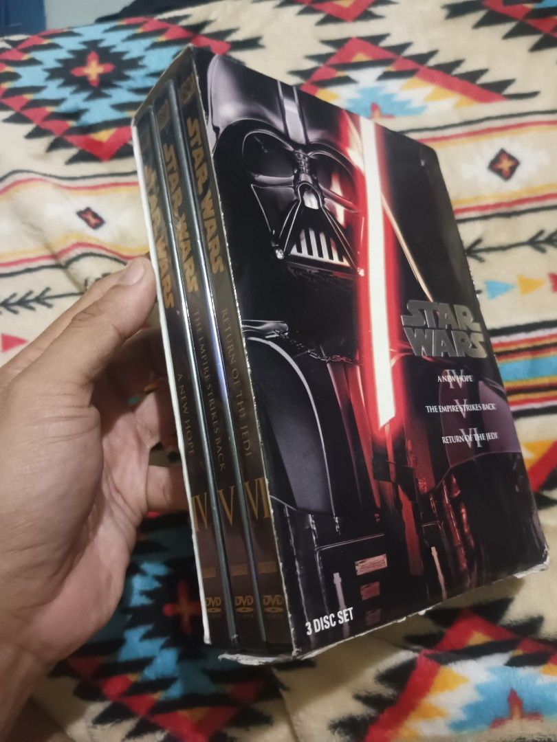 Starwars original trilogy DVD box set ph pressed (Category: CDs & DVDs) located in Quezon City. Submitted by markgolveo (Listing ID 1328576103, Image 2). Description: Starwars original trilogy DVD box set ph pressed wears on outer box good clean discs inside.