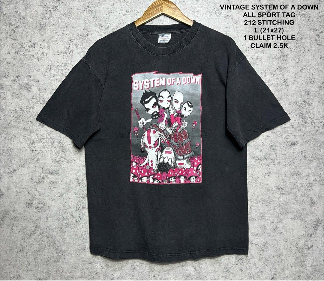 VINTAGE SYSTEM OF A DOWN (Category: Tshirts & Polo Shirts ) located in Bulan. Submitted by moonfindsthrifteditems (Listing ID 1328499179, Image 1). Description: ALL SPORT TAG 212 STITCHING L (21x27) 1 BULLET HOLE CLAIM 2.5K.