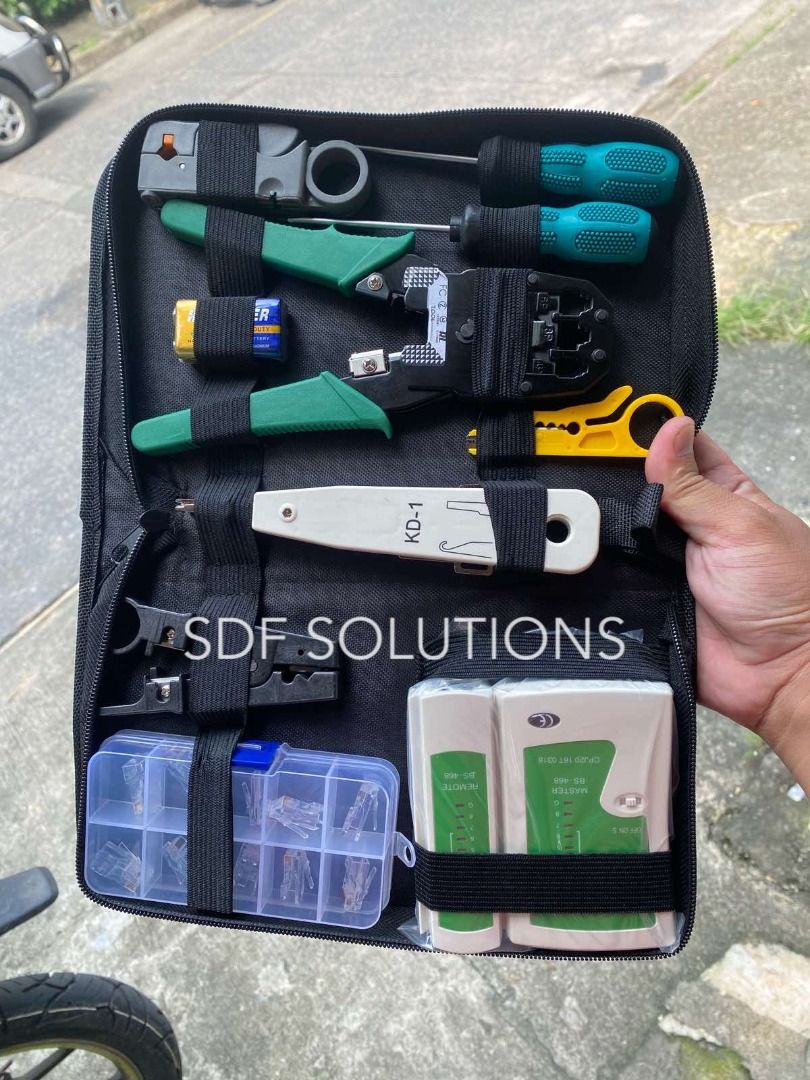 11pcs Tool Network Cable Repair Maintenance Tool Kit Set (Category: Networking) located in Manila. Submitted by sdfsolutions (Listing ID 1330013477, Image 1). Description: Network Cable Crimper： Mode and 9 LED indicators for testing each pin. > This device be separated into two units: Main Unit and Remote Unit The Remote Unit allows you to test cables installed far away either on patch panel or wall plate with the Auto-Test > For Cuts-Strips-Crim