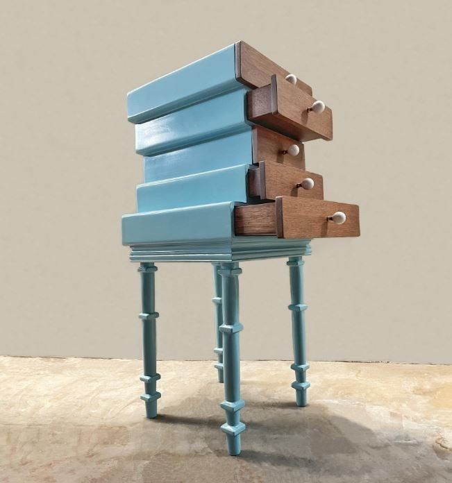 Abacus Five Drawer End Table (Cyan) (Category: Tables & Sets) located in Paranaque City. Submitted by furniturepiecesph (Listing ID 1330006116, Image 3). Description: Painted / Stained plywood / solid wood with ceramic pulls Approx. 37x35x81cm.