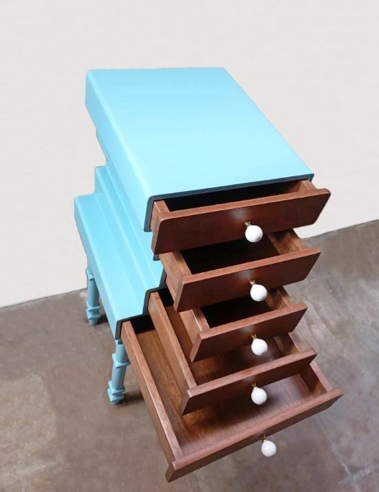 Abacus Five Drawer End Table (Cyan) (Category: Tables & Sets) located in Paranaque City. Submitted by furniturepiecesph (Listing ID 1330006116, Image 2). Description: Painted / Stained plywood / solid wood with ceramic pulls Approx. 37x35x81cm.
