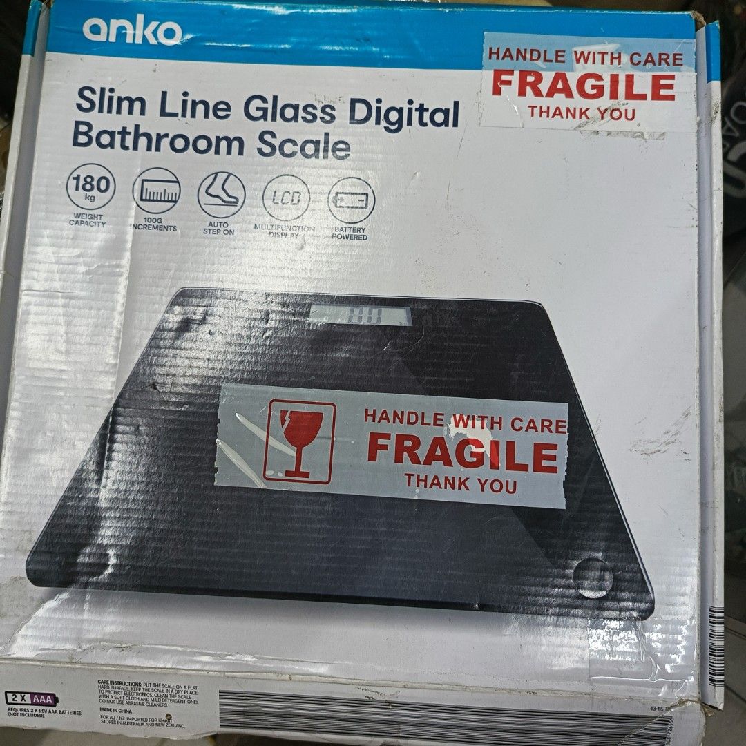 Anko Slim Line Glass Digital Bathroom Scale (Category: Health Monitors & Weighing Scales) located in Rizal. Submitted by TheSweetSpotShoppe (Listing ID 1330061980, Image 1). Description: • 180kg capacity • 100g Increments • Auto Step on • Multifunction Display • Battery powered • Requires 2× 1.5V AA batteries.