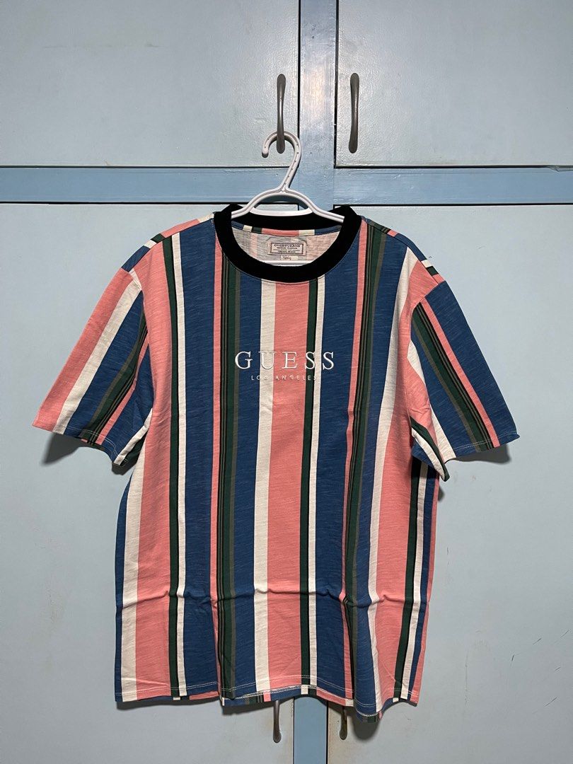 GUESS Originals Vintage Tee L Pink Blue Green Vertical Stripes Men s Fashion Tops Sets Tshirts Polo Shirts on Carousell