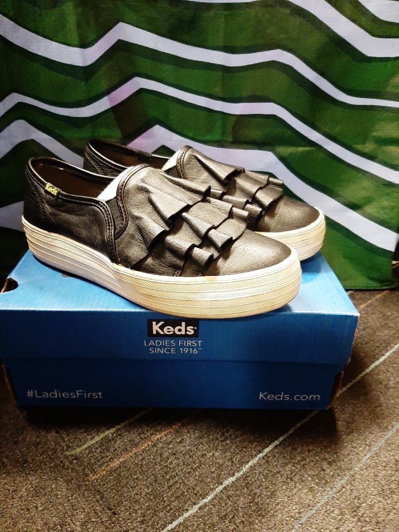 Black leather keds slip ons clearance