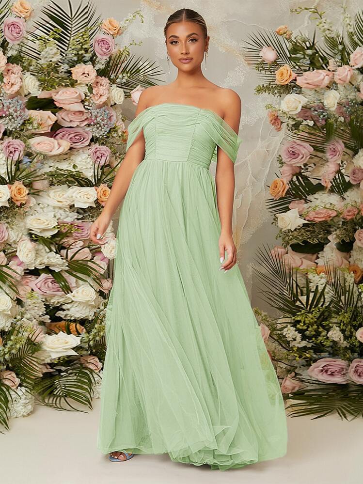 L Shein Mint Green Off Shoulder Mesh Prom Gown Women s Fashion L Shein Mint Green Off Shoulder Mesh Prom Gown Women s Fashion