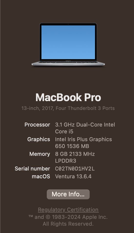 Macbook pro 13” 2017 (Category: Laptops & Notebooks) located in Manila. Submitted by brielliant (Listing ID 1330099157, Image 3). Description: Selling macbook pro 13” Cycle count 499 Battery normal Processor 3.1 GHz Dual-Core Intel Core 15 Graphics : Intel Iris Plus Graphics Memory: 8 GB 2133 MHz Issues Light scratches and dents see photos. Touchbar not working Letter R key is loose Price is slightly negotiable .
