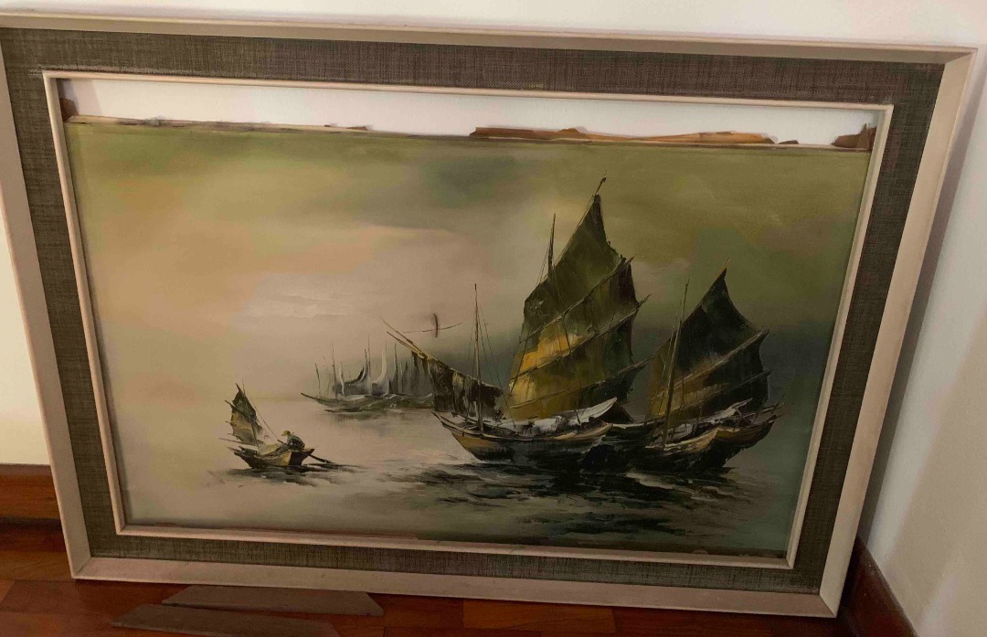 “Sailboat" Oil Painting On Stretched Canvas, Large, Hobbies & Toys