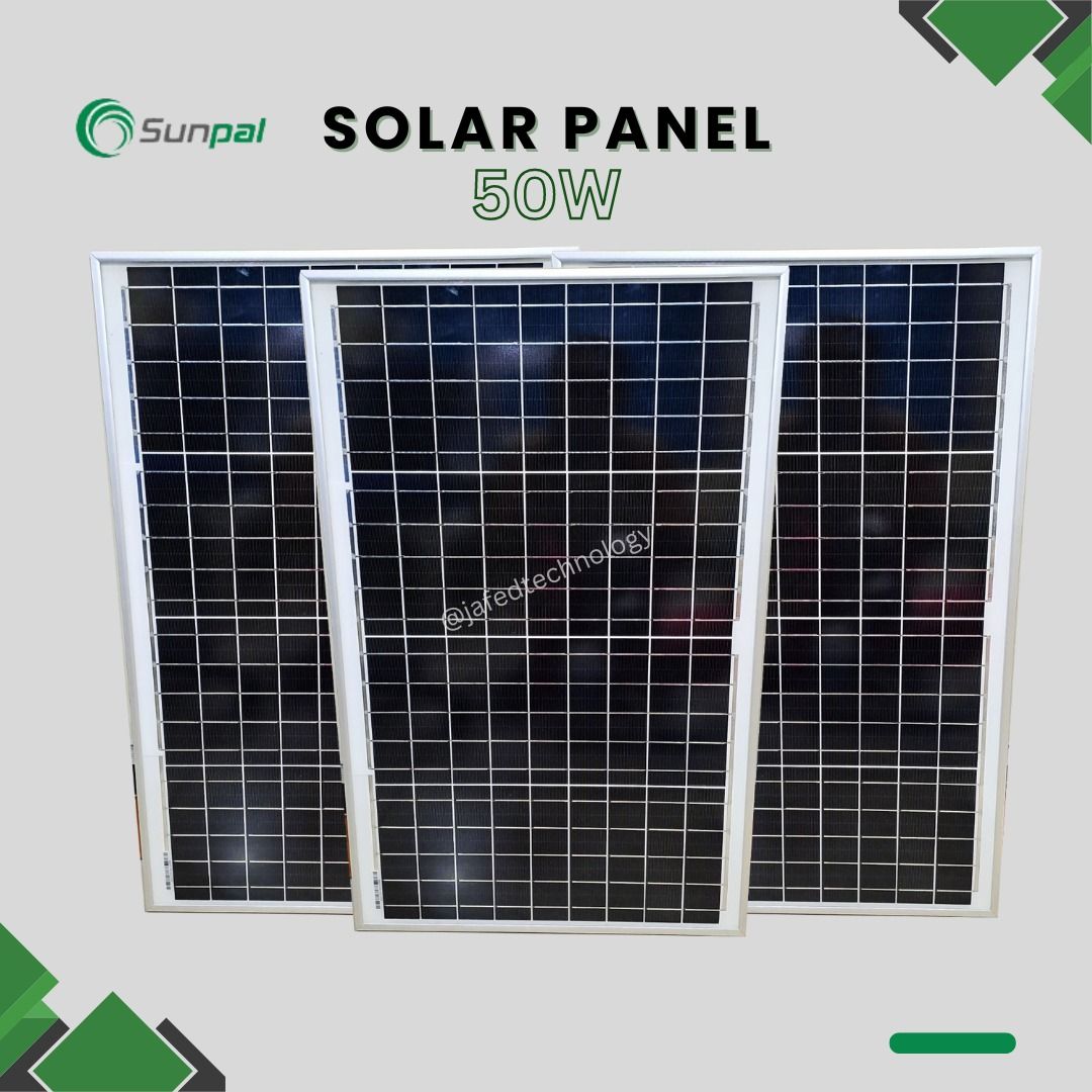 SUNPAL 50W Solar Panel for Off Grid Solar Power System (Category: Batteries & Chargers) located in Quezon City. Submitted by jafedtechnology (Listing ID 1330050639, Image 3). Description: HIGH QUALITY SOLAR PANEL Genuine Cells True-rated Durable High efficiency Brand/model: SUNPAL SP50M-36 Maximum power: 50w Power tolerance: +3% Maximum power voltage(Vmp): 18.32V Maximum power current(Imp): 2.79A Open circuit voltage(Voc): 22.80V Short circuit cu