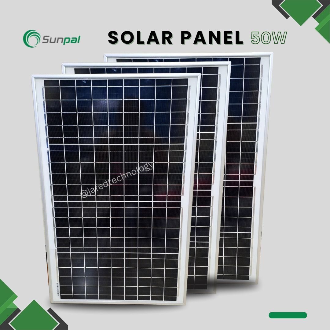 SUNPAL 50W Solar Panel for Off Grid Solar Power System (Category: Batteries & Chargers) located in Quezon City. Submitted by jafedtechnology (Listing ID 1330050639, Image 2). Description: HIGH QUALITY SOLAR PANEL Genuine Cells True-rated Durable High efficiency Brand/model: SUNPAL SP50M-36 Maximum power: 50w Power tolerance: +3% Maximum power voltage(Vmp): 18.32V Maximum power current(Imp): 2.79A Open circuit voltage(Voc): 22.80V Short circuit cu