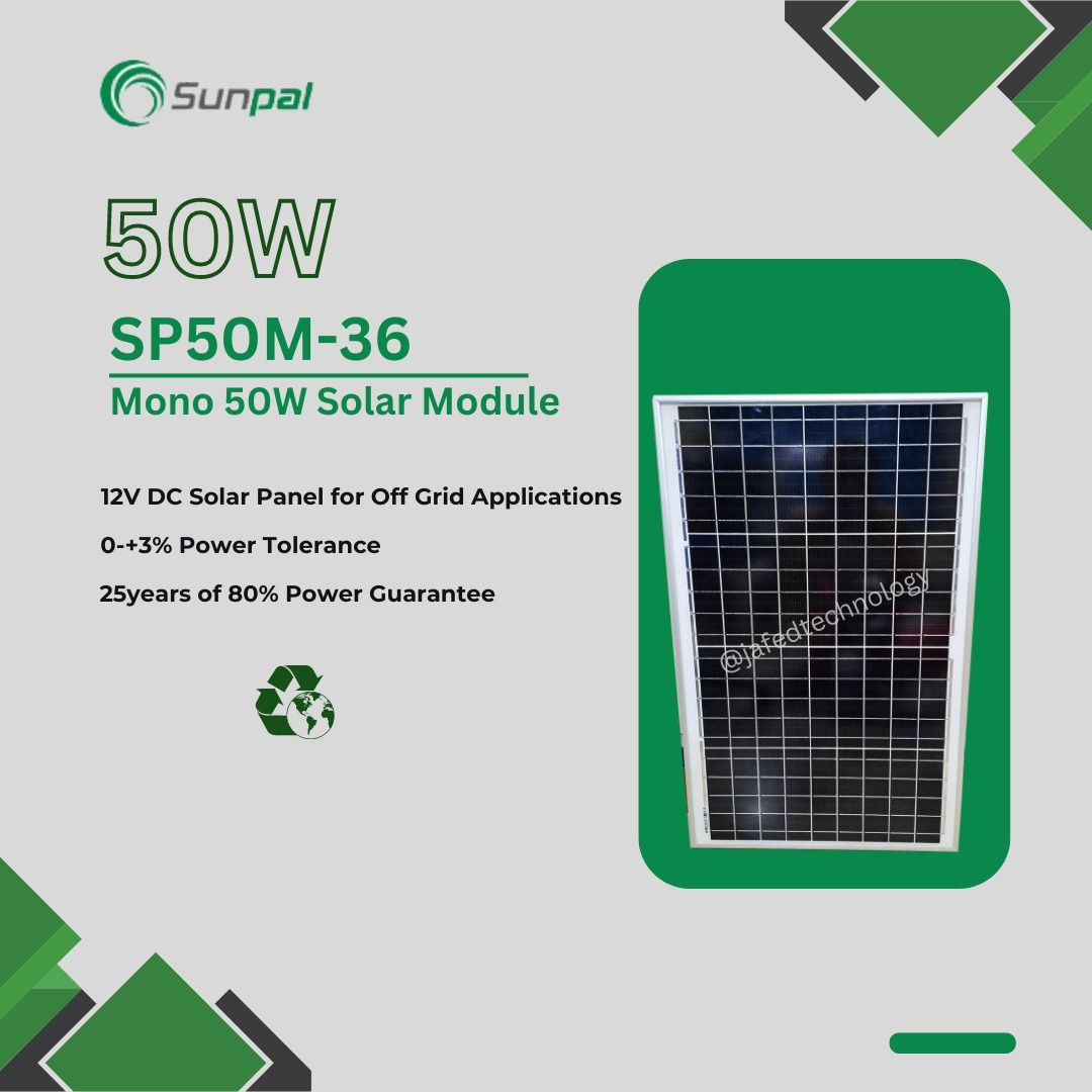 SUNPAL 50W Solar Panel for Off Grid Solar Power System (Category: Batteries & Chargers) located in Quezon City. Submitted by jafedtechnology (Listing ID 1330050639, Image 1). Description: HIGH QUALITY SOLAR PANEL Genuine Cells True-rated Durable High efficiency Brand/model: SUNPAL SP50M-36 Maximum power: 50w Power tolerance: +3% Maximum power voltage(Vmp): 18.32V Maximum power current(Imp): 2.79A Open circuit voltage(Voc): 22.80V Short circuit cu
