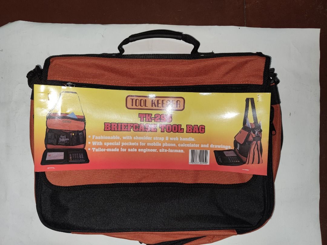 Tool Bag (Category: Construction Tools & Equipment) located in Manila. Submitted by kingkai999 (Listing ID 1330130607, Image 1). Description: TOOL KEEPER TK-295 Briefcase Tool Bag • Fashionable, with shoulder strap & web handle • With special pockets for mobile phone, calculator and drawings • Tailor-made for sales engineer, site-foreman • Dimensions ( L X W X H) : 16” X 5” X 13”.