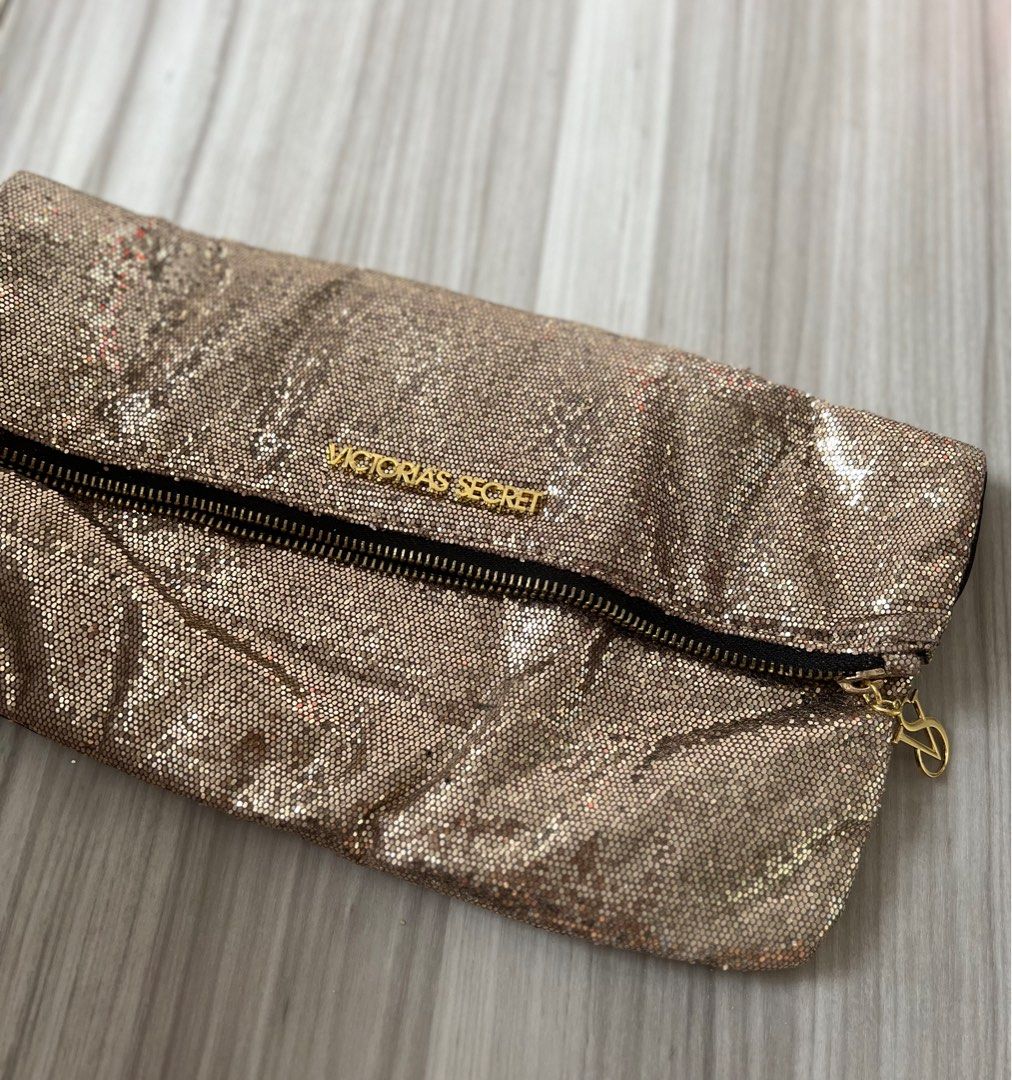 VICTORIA S SECRET Gold Sequin Zip Up Makeup Bag Clutch Purse w Mirror VS Charm Zipper Shimmer Party Women s Fashion Bags Wallets Clutches on Carousell