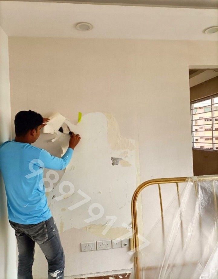 Wallpaper  Removing |Touch up plaster | Full plaster|Repaint | wall repairing|crack wall fixing | Uneven wall painting | wall patch up|HDB |Bto |Condo house painting |Office| Shop area painting62863075402369111