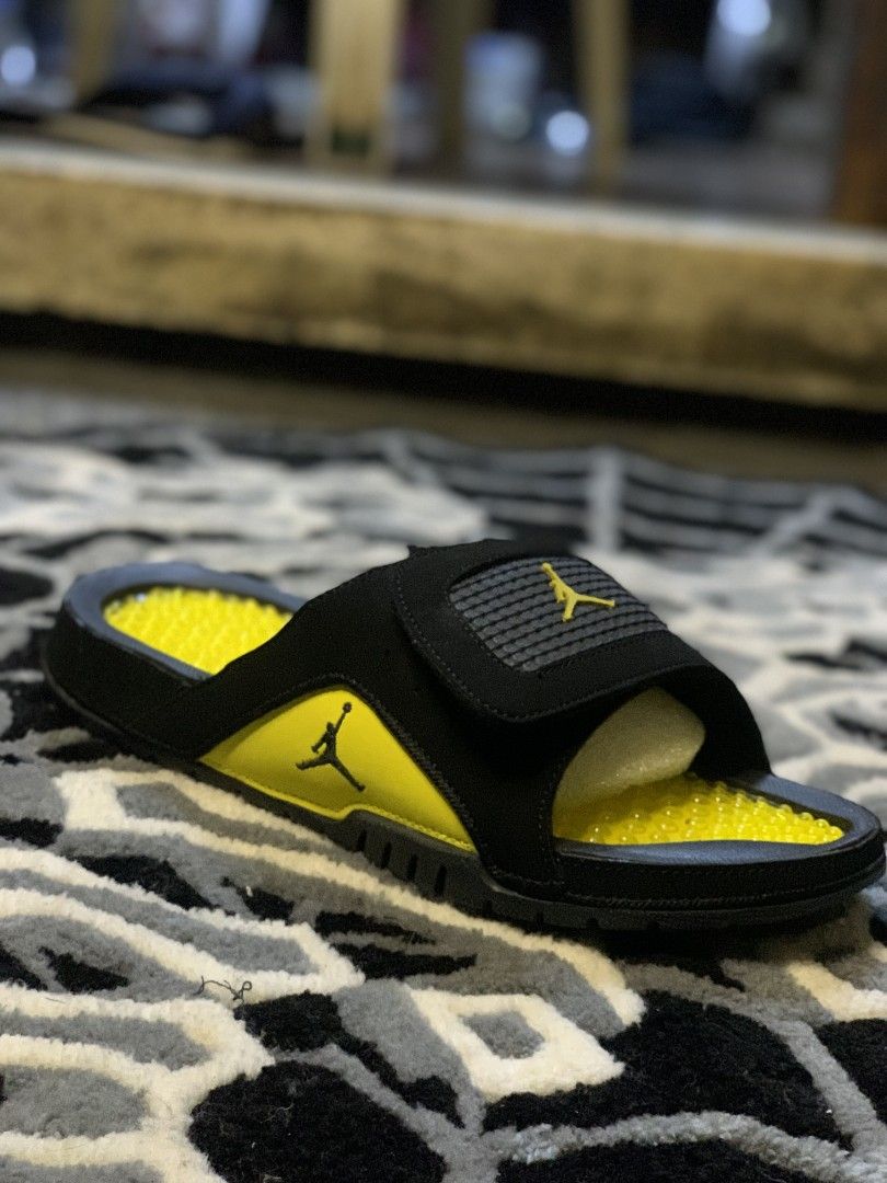 black and yellow jordan slides
