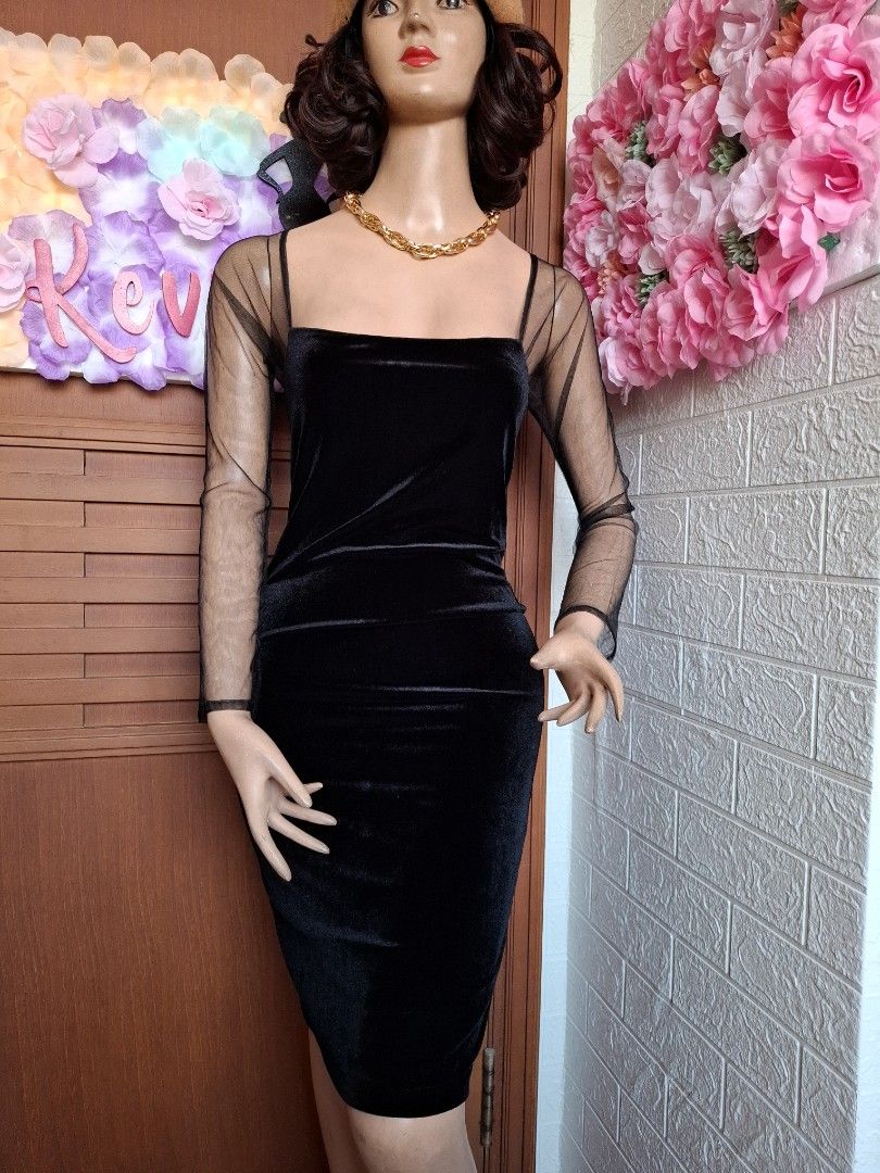 Black velvet lace bodycon dress, Fesyen Wanita, Pakaian Wanita